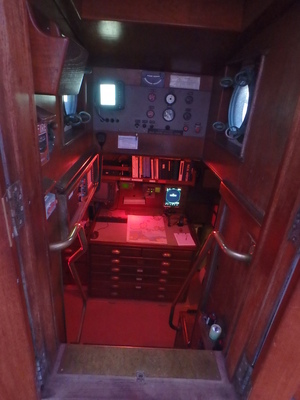 Doghouse illuminated with red light at night.