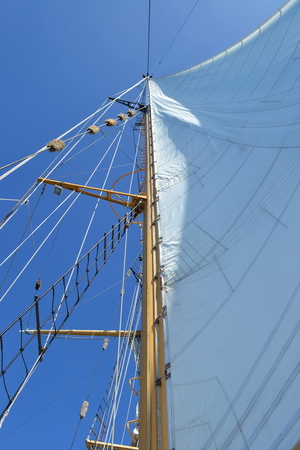 Upward view of the sails and rigging.